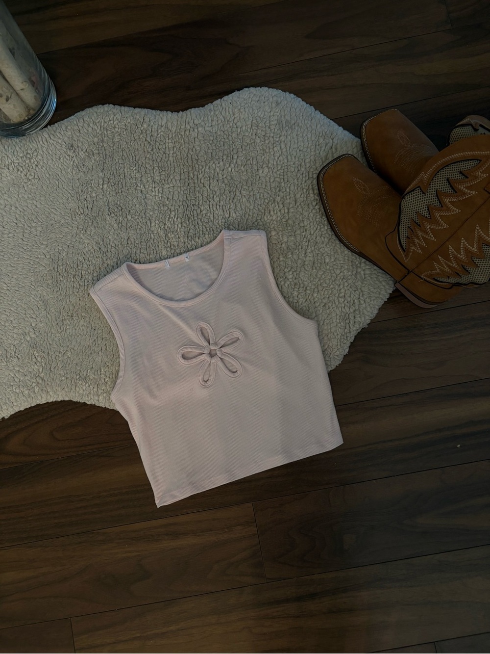 🌸Y2K Baby Pink Ribbed Flower Cutout Crop Top